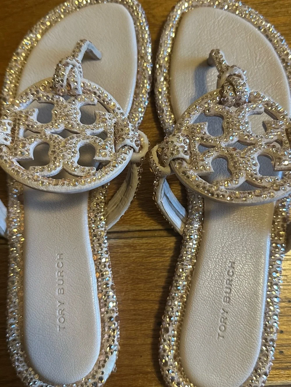 Tory Burch Crystal-Embellished Ivory/Gilded Miller Thong Sandals